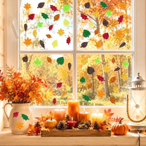 581 PCS Fall Leaf Foam Stickers, Glitter Autumn Leaf Stickers, 8 Colors