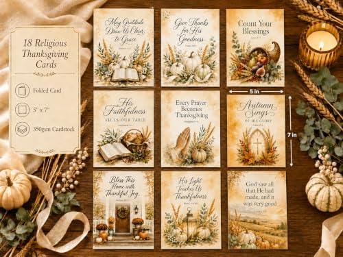 Religious Thanksgiving Cards, 18 Christian 5x7 Cards with Envelopes