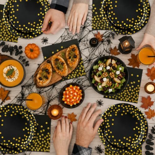50 Pcs Black and Gold Dot Paper Plates and Napkins Set Serves 25