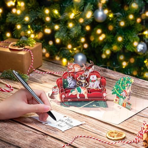 POPWOW Christmas Sofa Cats Pop Up Card, Meowy Christmas, Xmas Tree, 3D Greeting Card, Gift for Cat Person, Kid, Boy, Girl, Sister, Brother, 5x7 - Includes Envelope And Message Note