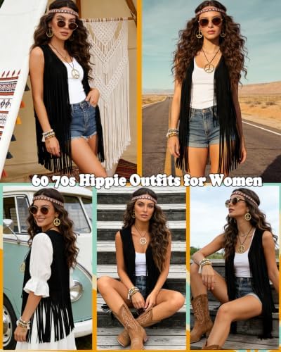 60s 70s Outfit for Women Hippie Costume Clothes Fringe Vest Accessories