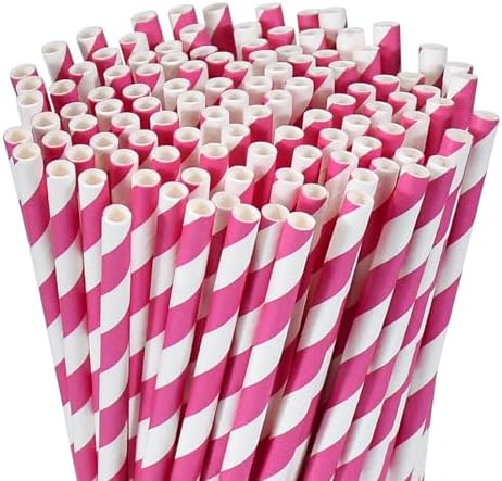 7.75 inch Hot Pink Striped Paper Straws for Drinking - Unwrapped, 100 Counts - for Party, Wedding, Cocktail, Beverage