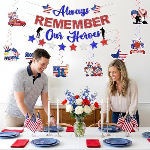 Memorial Day Banner and Memorial Day Decorations Set for A Proud Patriotic Look, Always Remember Our Heroes Banner with 1 Garland and 8 Hanging Swirls