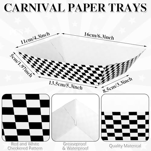 Geosar 100 Pcs Gingham Paper Food Tray with Wax Paper,Black White