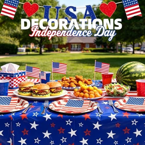 4th of July Decorations - Patriotic Party Supplies Set for 24 - Red White and Blue Tableware Kit with Plates, Napkins, Tablecloth and Glitter Banner for Independence & Election Day