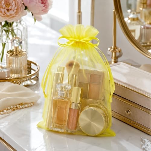 FUNFERY 100PCS Lemon Yellow Organza Gift Bags 6x9in,Drawstring Pouch