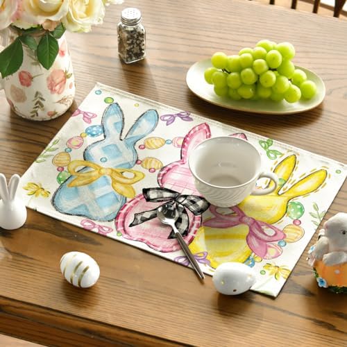 Artoid Mode Bunny Rabbits Eggs Easter Placemats Set of 6, 12x18 Inch Floral Bow Seasonal Spring Holiday Table Mats for Party Kitchen Dining Decoration
