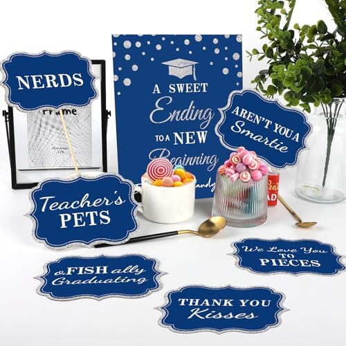 Graduation Candy Buffet Labels for Grad Party Decorations, Graduation Candy Bar Dessert Food Label Signs Set, Class of 2026 Grad Parties Table Decor Supplies (Blue and Silver)
