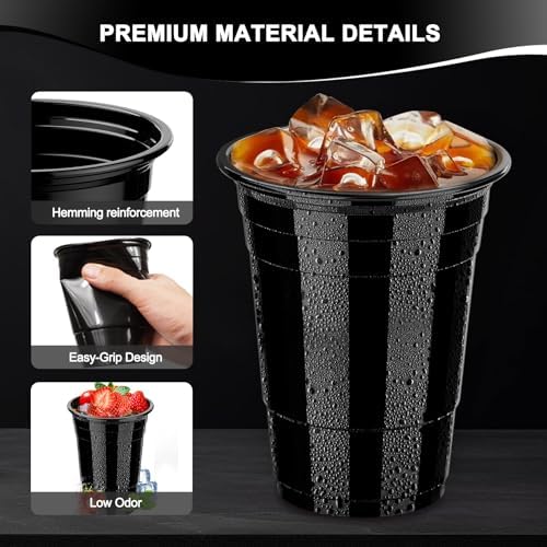 120 Pack 16 oz Black Cups, Heavy Duty Black Plastic Cups for Party, Cold Drinks, BBQ, Black Disposable Cups for Christmas, Halloween, Wedding, Birthday, Picnic, Serving and Celebrations