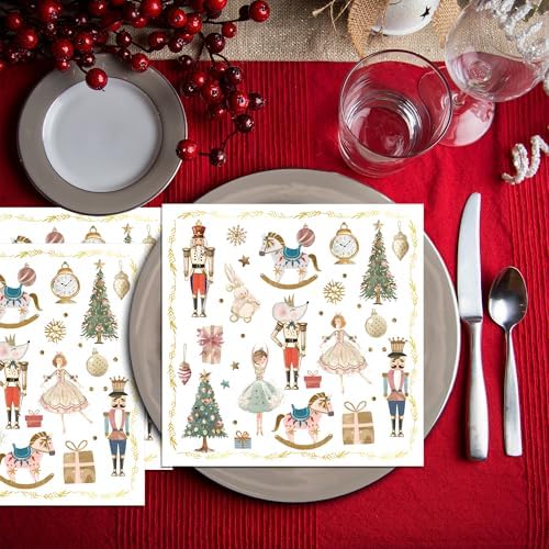 100Pcs Christmas Paper Napkins Nutcracker Disposable 2-Ply Napkins with Ballerinas, Christmas Trees, Horses Design for Bathroom, Xmas Dinners, Holiday Parties, Table Decor 6.5x6.5 Inch