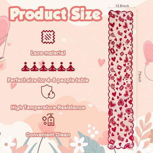 OHOME Valentines Day Decorations - Red Lace Table Runner | Valentines Day Decor Party Supplies Favors - Galentines Day Decorations Holiday Heart Table Cloth Centerpiece for Wedding Home Kitchen