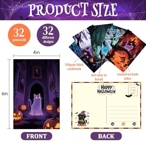 32pcs Cute Halloween Postcards Ghost Cat Decor, Blank for Messages