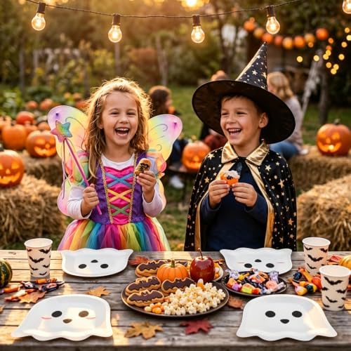 FOIMAS 50 Pcs Halloween Paper Plates, 9.84 Inch Cute Ghost Disposable Plates Spooky Boo Dessert Dinner Plate Tableware for Baby Shower Halloween Party Supplies Birthday Table Decor,White