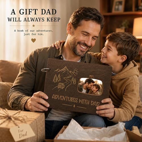 Adventure Scrapbook With Wooden Cover For Dad, Father’s Day Photo Album, Fathers Day Scrapbook, Personalized Fathers Day Book, Fathers Day Gift From Kids Son Daughter Wife