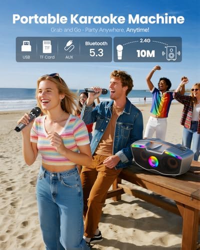 Bluetooth Karaoke Machine for Adults & Kids, 80W Portable Speaker with 2 Wireless Microphones, Echo Adjustment, Support USB/AUX/TF Card, for Outdoor/Indoor Gathering Gifts (Gray)