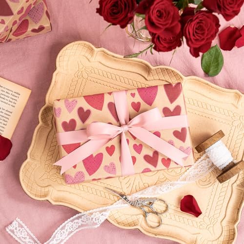 RUSPEPA Kraft Valentine’s Day Wrapping Paper Roll, Mini Roll, Red and Pink Heart Design, Romantic Gift Wrap Paper for Valentine's Day, Wedding, Anniversary, Birthday, 17 Inches x 16.4 Feet