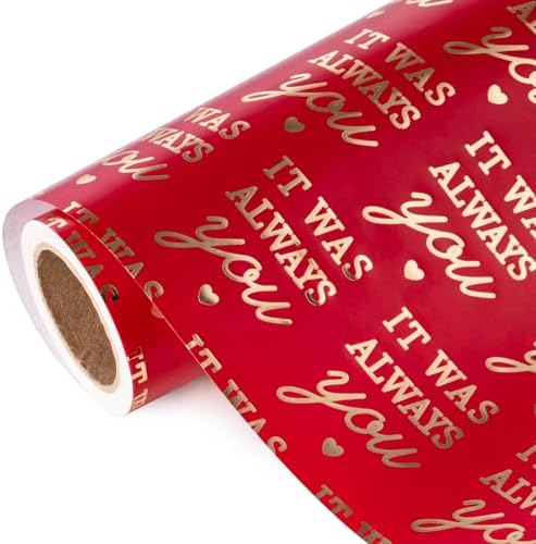 WRAPAHOLIC Valentines Day Wrapping Paper Roll - Mini Roll - 17 Inch x 16.5 Feet - Red Wrapping Paper with Gold Foil It Was Always You for Valentine's Day, Anniversary, Birthday, Wedding