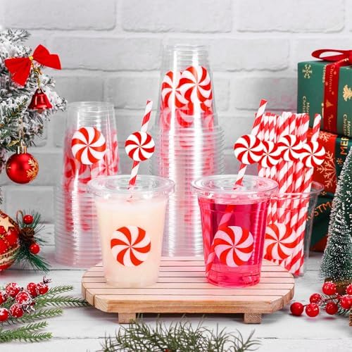 Whaline 50 Pcs 12 Oz Christmas Disposable Plastic Cups with Lids and Straws Red Peppermint Candy Cold Beverage Drinking Cups for Winter Xmas Birthday Party Supplies