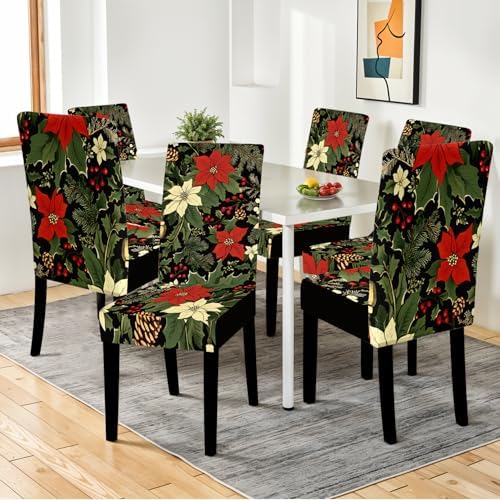 Christmas Chair Covers for Dining Room – Festive Holiday Floral Print Slipcovers with Red Poinsettia, Pinecones & Holly – Stretch Washable Dining Chair Protector for Winter Decor, Parties