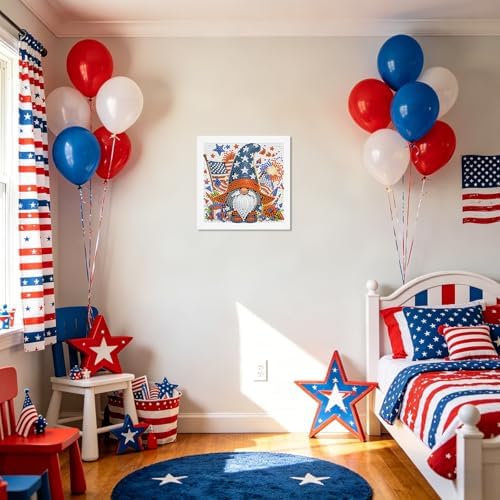 Gnome Diamond Art Kits for Kids with Frame, American Flag Diamond Painting Kits for Kids Ages 4-8-12, 4th of July Easy Diamonds Gem Art Crafts for Girls Boys, Gift Package for and Home Decor(7x7inch)
