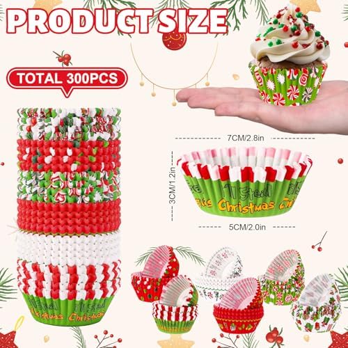 FYSUIMU 300Pcs Christmas Cupcake Liners Funny Cartoon Character Paper Baking Cups Xmas Red Green Standard Muffin Cupcake Wrappers for Holiday Party Supplies Table Decor