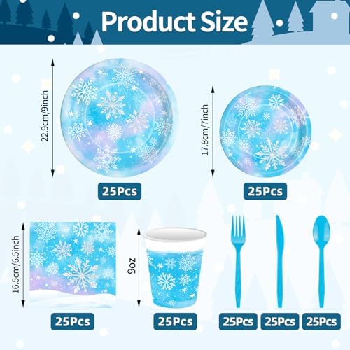 175 Pcs Snowflake Winter Wonderland Tableware Set - Serves 25, Snowflake-Themed Disposable Plates, Cups, Napkins, Forks, Spoons, Knives for Christmas, Winter Party Supplies, Holiday Gatherings