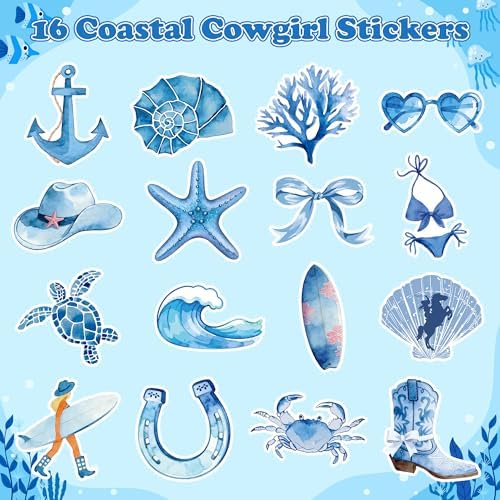 H1vojoxo Coastal Cowgirl Sticker Rolls - 1000PCS Summer Decorative Aesthetic Blue Ocean Beach Sea Animal Stickers for Girls 16 Styles Sea Turtles Conchs Vinyl Decals for Scrapbook Craft Water Bottle