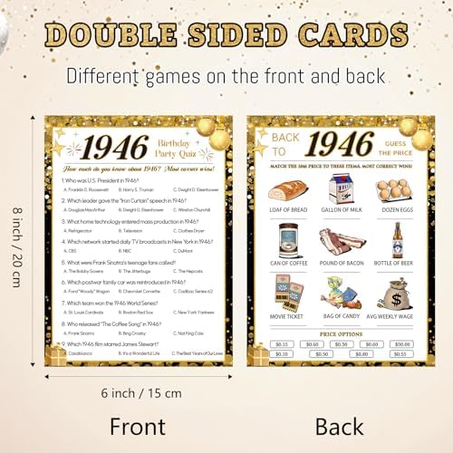 30Pcs 80th Birthday Game Cards, 1946 Quiz & Guess the Price Game
