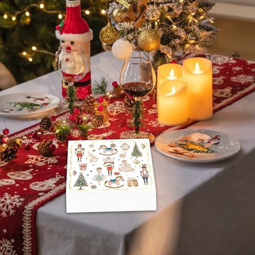 100Pcs Christmas Paper Napkins Nutcracker Disposable 2-Ply Napkins with Ballerinas, Christmas Trees, Horses Design for Bathroom, Xmas Dinners, Holiday Parties, Table Decor 6.5x6.5 Inch