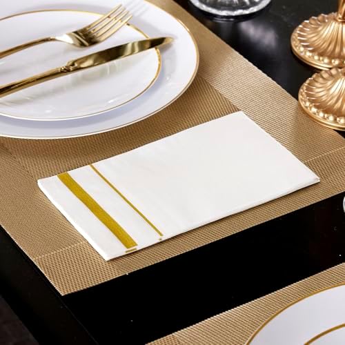 200 Pack 3-Ply Disposable Paper Napkins,White and Gold Trim Dinner Napkins