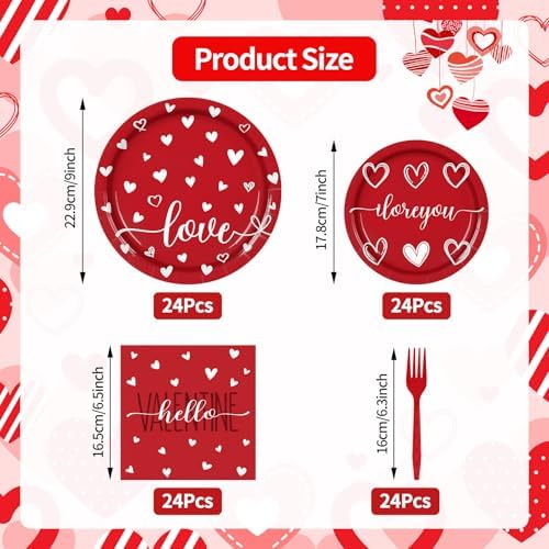 96 Pieces Valentine’s Day Tableware Set – Red and White Disposable Plates, Napkins, and Forks with Heart and Love Designs for Valentine’s Parties Romantic Celebrations – Serves 24 Guests