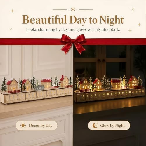 32 inch Light-Up Wooden Christmas Village Advent Calendar with 24 Drawers