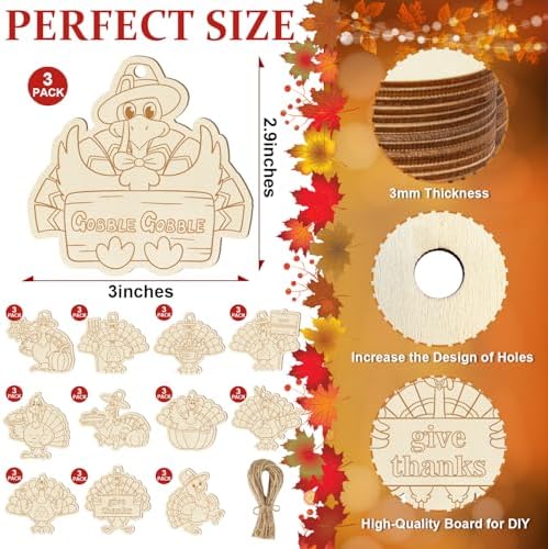 36PCS Wooden Thanksgiving Decoration Turkey Ornaments to Paint Thanksgiving Ornaments for Tree Crafts Cutouts Unfinished, DIY Blank Fall Unfinished Turkey Pumpkin Ornament for Home Harvest Hanging