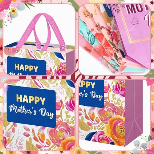 Wesnoy 48 Pcs Happy Mother's Day Tote Gift Bags with Handles Bulk Floral Non Woven Mom Candy Bags Reusable for Gift Wrapping Happy Mother's Day Goody Shopping Party Favor, 11.4 x 10.6 x 4.7 Inch