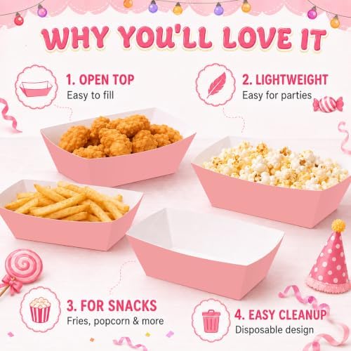 100 Pcs Pink Paper Food Trays, Pre-Folded Disposable Snack Boats for Popcorn, Candy, Fries, Nachos, Desserts and Snacks, Pink Party Supplies for Birthday, Baby Shower, Dessert Table