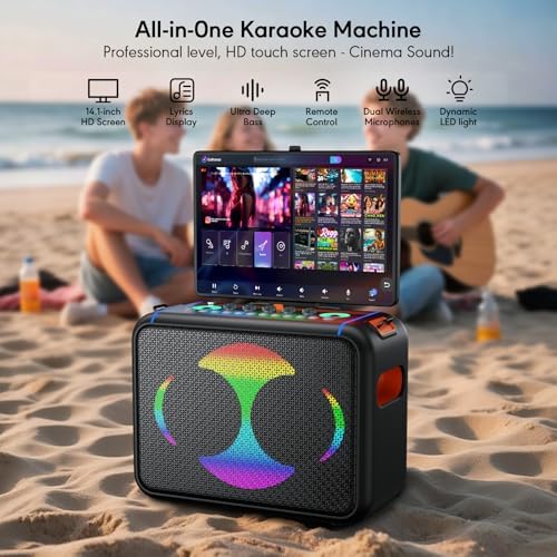 Smart Karaoke Machine with 14.0'' Touch Screen, Lyrics Display & Pre-Install Karaoke APP, Up to 600W Party Speaker and Dual Wireless Mics, Portable for Home & Outdoor