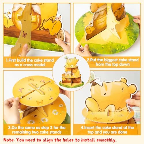Winnie Theme Cupcake Stand - 3 Tier Winnie Party Dessert Holder, Cute Winnie Cardboard Cake Stand for Birthday Party Decorations, Winnie Cupcake Display for Kids Baby Shower Supplies