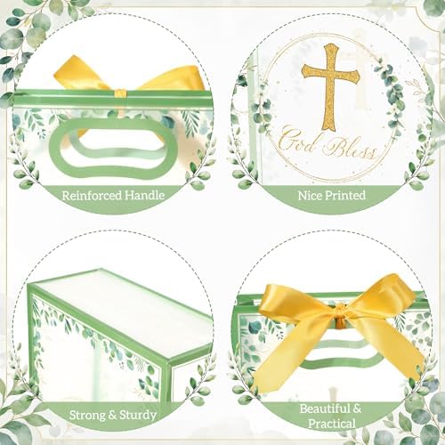 Capoda 24 Pack Baptism Gift Bags with Handles, 10 x 7 x 3 Inch Clear Plastic God Bless Favor Bags, Eucalyptus Cross Religious Party Favors for First Communion, Christening, Confirmation