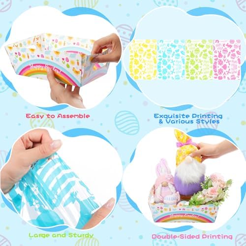 Gueevin 24 Sets Easter Empty Gift Baskets Bulk with Colorful Bunny Cellophane Bags & Ribbon Bows, DIY Basket to Fill for Egg, Candy, Treats, Birthday Party, 9.8 x 6.5 x 3.5 Inch