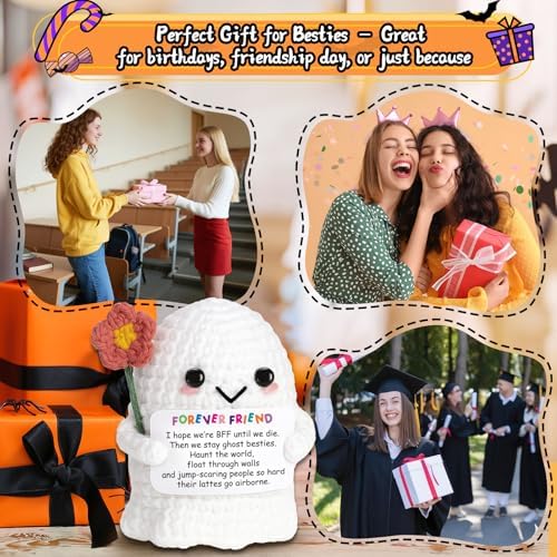 Best Friend for Women Friendship Ornaments - Handmade Crochet Ghost Decor with Funny Boo BFF Message Card, Halloween Stocking Stuffers, Cute Birthday Gift for Bestie Soul Sister