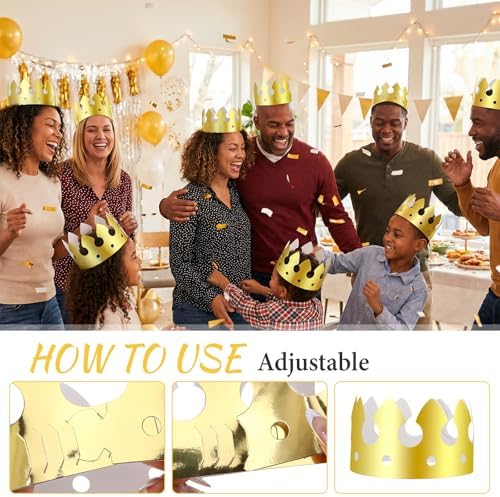 100 Pcs Paper Crowns Bulk, Birthday Gold Crown Foldable & Adjustable Paper King Crown for Adults Birthday Party