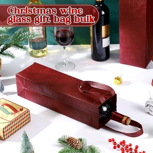 Windyun 200 Pcs Wine Gift Bags with Handle Reusable Small 13.8x3.5x3.9 Inches Liquor Bottle Totes Bulk for Birthday Wedding Christmas Holiday Party (Wine Red)