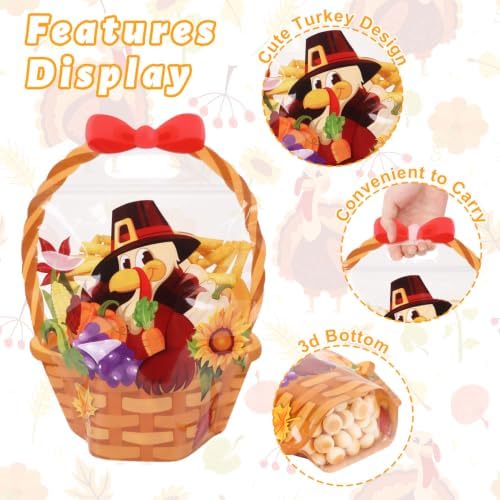 CCINEE 50 Packs Thanksgiving Ziplock Gifts Bags Bulk, 3D Fall Plastic Treat Bags with Handle Sealable Turkey Goodie Favor Bag for Holiday Autumn Harvest Party Gift Wrapping