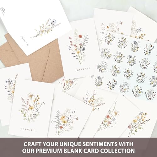 AUDREE Wildflower Thank You Cards with Envelopes (50 Pack 3.5" x 5.2") – Floral Thank You Notes with Adhesive Envelopes & Matching Stickers for Weddings, Baby & Bridal Showers