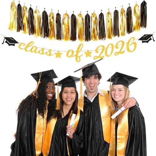 Black Gold Graduation Party-Decorations Garland - 36pcs Congrats Grad Class 2026 Banner,Hat Hanging Streamers,College High School Congratulations Master Celebration Classroom Backdrop Decor Burgleda