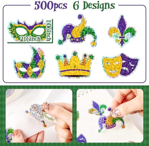 500Pcs Mardi Gras Stickers Roll Holographic Laser Yellow Green Purple Fleur de Lis Waterproof Self-Adhesive Decals for New Orleans Carnival Holiday DIY Crafts Party Favors Gifts Envelope Journal Decor
