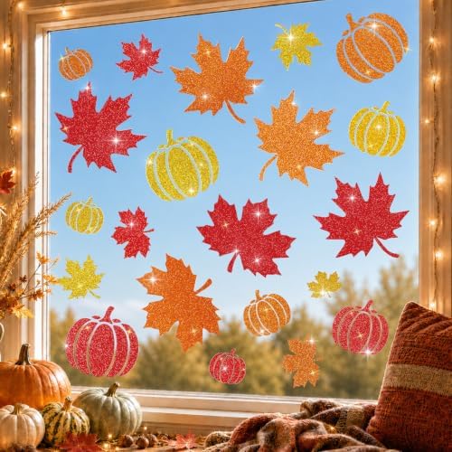 Glitter Fall Window Clings Autumn Thanksgiving Window Stickers Decals Decor