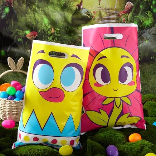 JOYIN 72 Pcs Easter Large Plastic Tote Bags Easter Goodie Treat Gift Bags with Handles for Egg Hunt, Kids Basket Party Favor Party Supplies