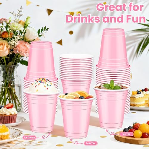 50 Pcs Pink Plastic Cups, 12 oz Disposable Cups for Party