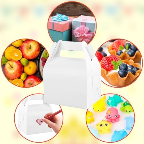 Hooqict 24 Pack White Party Favor Treat Boxes Paper Gable Gift Boxes with Handles for Party Favors Snack Goodie Candy Cookie Desserts, 6.7x5.1x3.5 Inch
